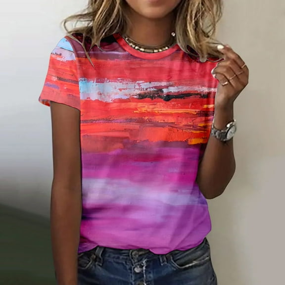 Red Women's Short Sleeve T-shirt, Womens Spring Summer Flower Printed Short Sleeve O Neck T Shirt Top,Women's Short sleeve T-shirt S