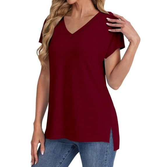 Red Women's Short Sleeve T-shirt, Womens Summer Daily Casual V Neck Shirts Short Sleeve Tops Blouses Loose Fit Shirt,Women's Short sleeve T-shirt L