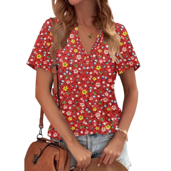 Red Women's Short Sleeve T-shirt, Womens Tops Summer Short Sleeve V Neck Blouses Business Casual Loose Fit Tshirts Trendy Fashion Outfits,Women's Short sleeve T-shirt S