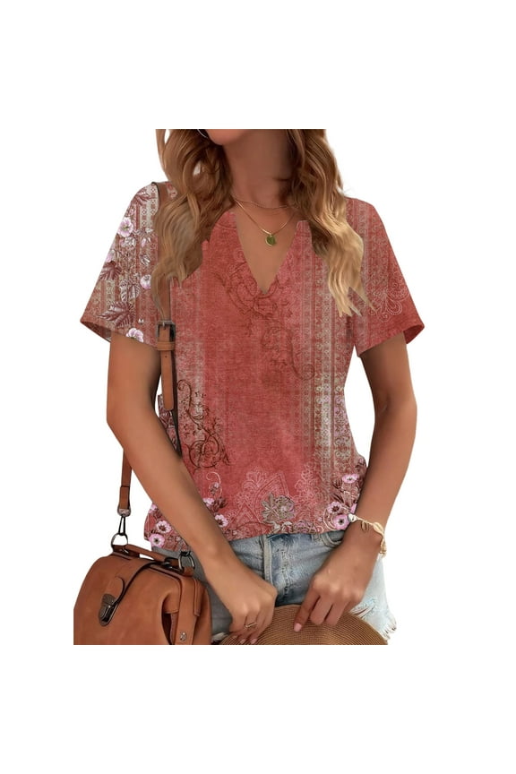 Red Women's Short Sleeve T-shirt, Womens Tops Summer Short Sleeve V Neck Blouses Business Casual Loose Fit Tshirts Trendy Fashion Outfits,Women's Short sleeve T-shirt XXL