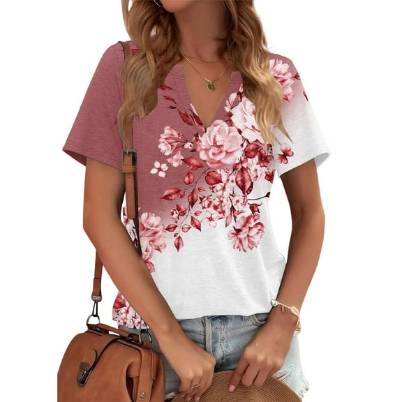 Red Women's Short Sleeve T-shirt, Womens Tops Summer Short Sleeve V Neck Blouses Business Casual Loose Fit Tshirts Trendy Fashion Outfits,Women's Short sleeve T-shirt L