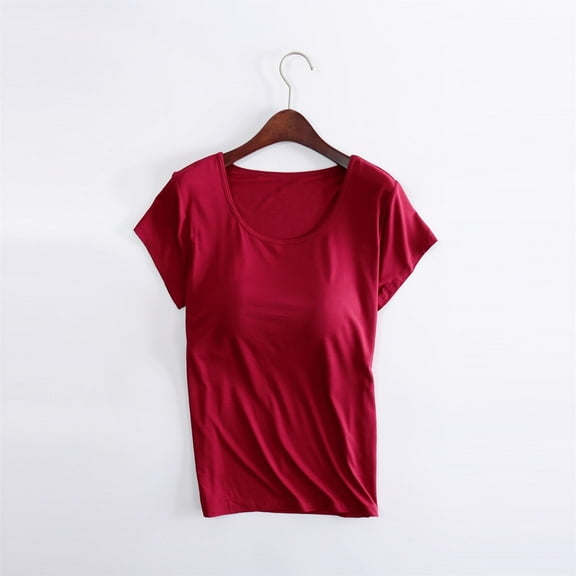 Red Women's Short Sleeve T-shirt, Yoga Gym Tops Workout Tank Tops Strap Padded Undershirts Cotton Camisole Vest Top Seamless Sleeping Vest Bra Top,Women's Short sleeve T-shirt L