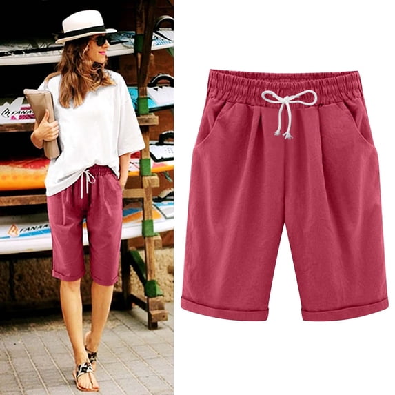 Red Women's Shorts, Women Summer Cotton Pants Plus Size High Waisted Shorts Lacing Beach Workout Pocket Five Point Pants,Women's Shorts 4XL