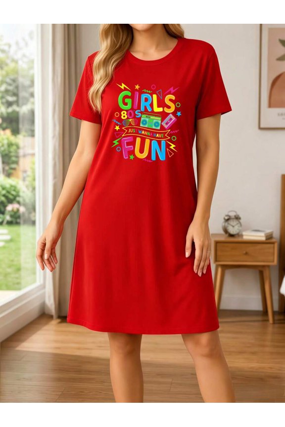 Red Womens 80s Retro Graphic Sleep Dress, Short Sleeve Loose Fit Nightgown