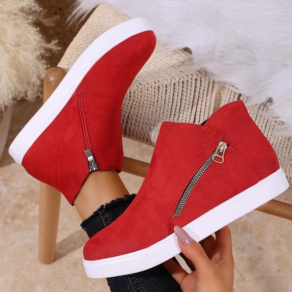 Red Womens Ankle Boots Solid Color Suede Round Toe Flat Side Zipper Closure Stylish Casual Everyday Versatile Light Soft Daily Wear Size 39