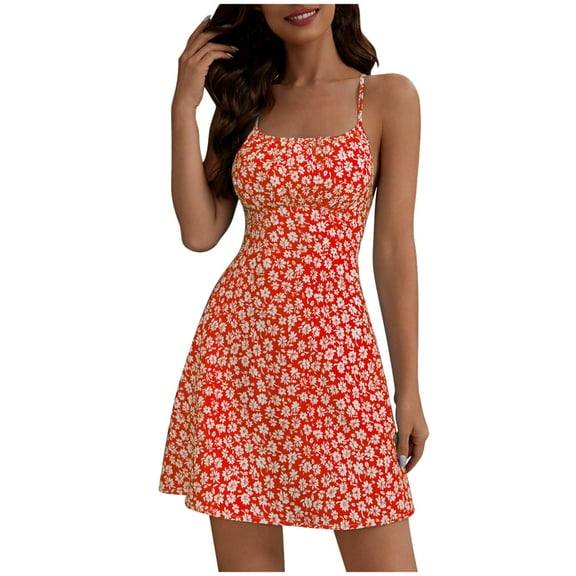 Red Womens Backless Dresses for Ladies Spaghetti Strap Floral Print Boho Midi Mini Petite Knee Length Summer Fall 2025 Clothing Country Concert Y2K L