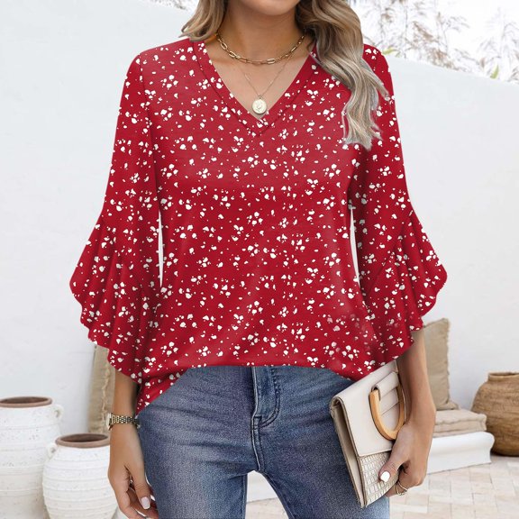 Red Womens Blouses Blouses for Women Casual 3/4 Length Sleeve Womens Tops V Neck Tshirts Shirts with Flared Sleeve Summer Tops for Women