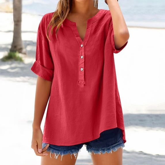 Red Womens Blouses Loose Shirt Top Stand Solid Color Sleeve Collar Casual Women's Shirt Women's Shirt Ladies Tops and Blouses