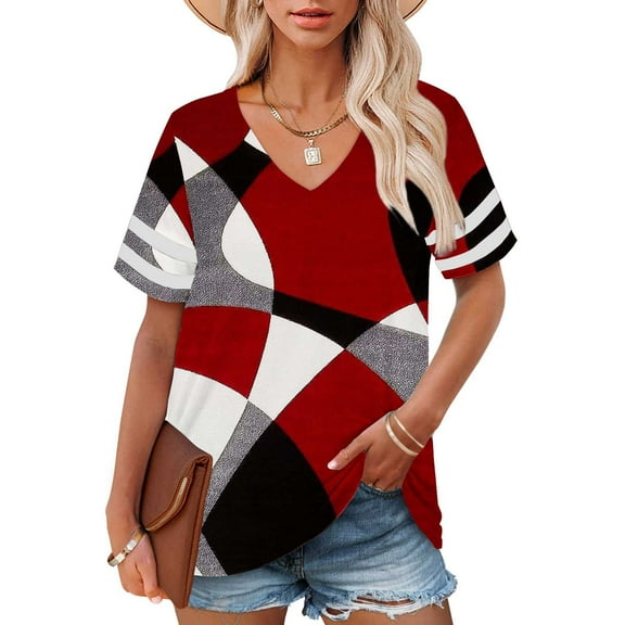 Red Womens Blouses Plus Size V Neck T Shirts Women Short Sleeve Tops Casual Summer Tshirts Loose Fit Tee Ladies Tops and Blouses