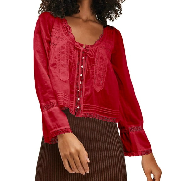 Red Womens Blouses Women Long Sleeve Lace Blouse Tops Vacation Front Tie Solid Elegant Tops Ladies Tops and Blouses