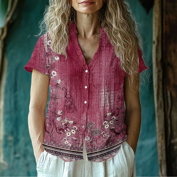 Red Womens Blouses Women's Casual Short Sleeve Regular Cardigan Top Shirt Ladies Tops and Blouses