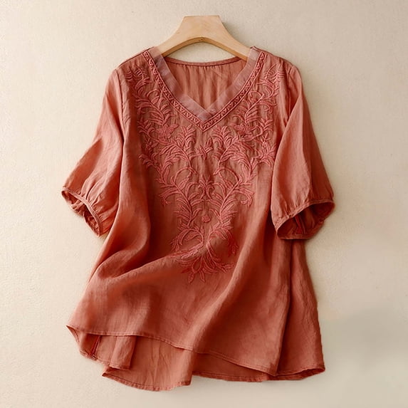 Womens Blouses Women's EmbroideBlouse Cotton Linen Puff Short Sleeve Crew Neck Boho Top Summer Casual Loose Fit T Shirts Ladies Tops and Blouses