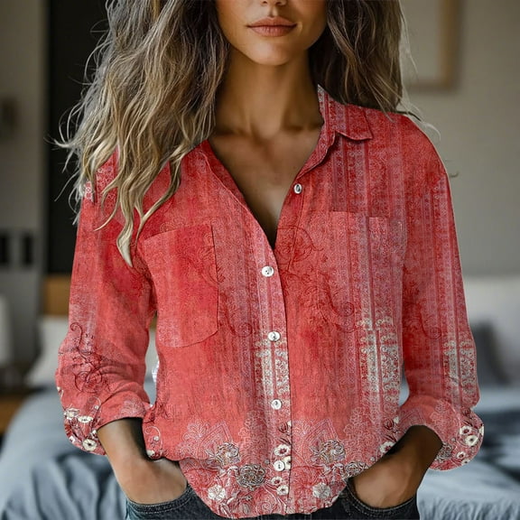 Red Womens Blouses Women's Long Sleeved Printed Button Down Shirt Ladies Tops and Blouses