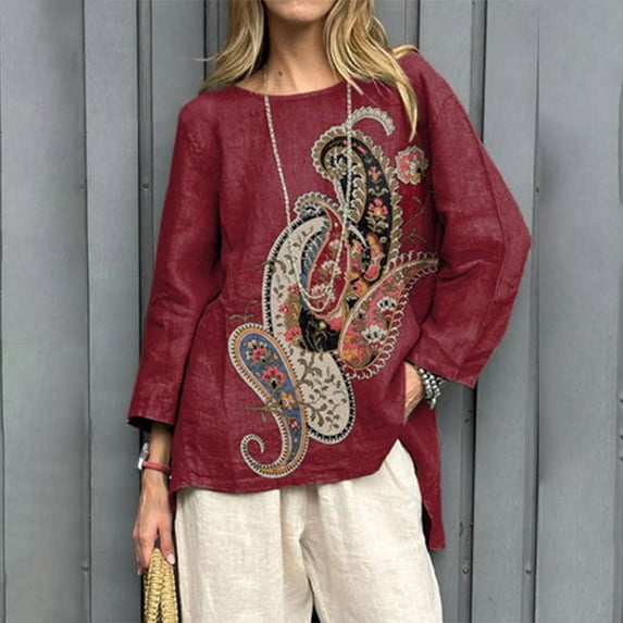 Red Womens Blouses Women's Vintage Floral Baseball Art Print Casual 3/4 Sleeve T Shirts Round Neck Cotton Shirt Summer Tops for Women