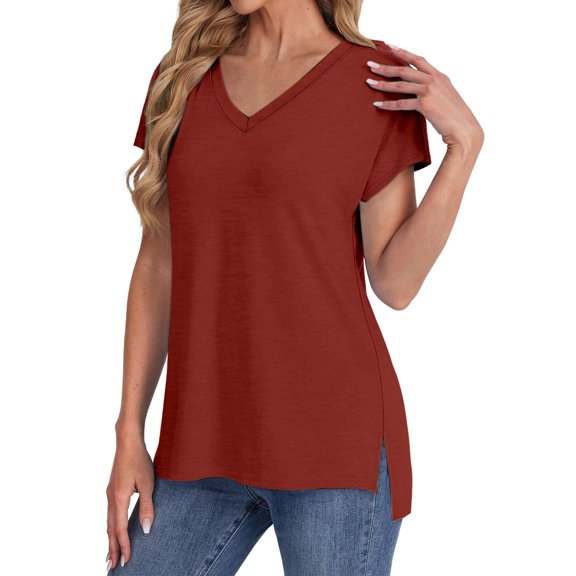 Red Womens Blouses Womens Summer Daily Casual V Neck Shirts Short Sleeve Tops Blouses Loose Fit Shirt Ladies Tops and Blouses
