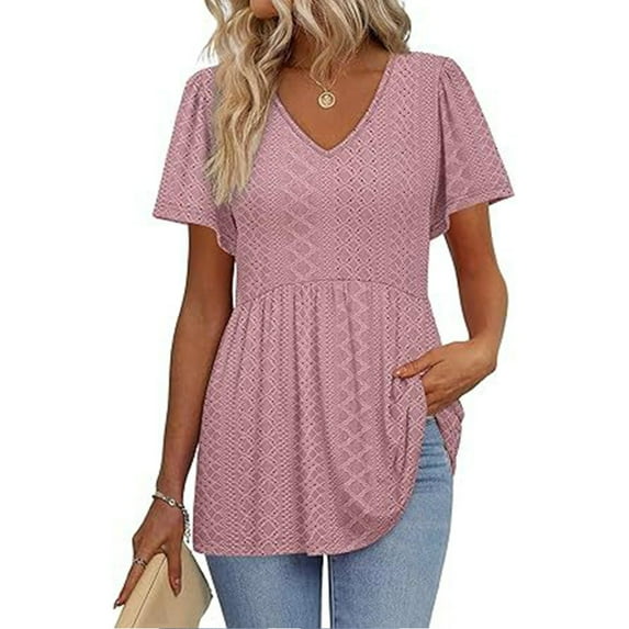 Red Womens Blouses Womens Summer Tops Short Sleeve Shirts Puff Sleeve Peplum Tops V Neck T Shirts Ladies Tops and Blouses