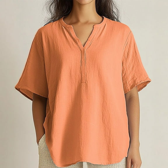 Red Womens Blouses Womens V Neck Linen Shirts Summer Casual Roll Up Long Sleeve Work Tunic Tops Loose Fit Oversized Blouses Ladies Tops and Blouses