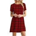 thumbnail image 1 of Red Womens Brunch Dresses Short Sleeve Dresses for Women Crewneck Spandex Midi Knee High Loose Fit Plaid Summer Fall Dresses 2025 Clothes Country Concert L, 1 of 5