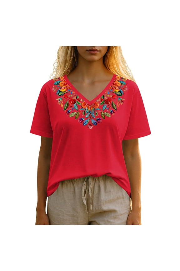 Red Womens Brunch Tops Short Sleeve Blouses for Women V Neck Print Vintage Renaissance Peasant Steampunk Fall Summer Shirts 2026 Clothes Fashion L