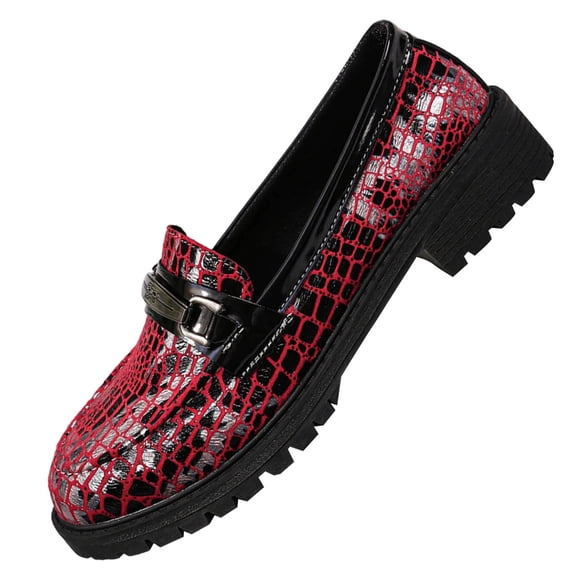 Red Womens Casual Shoes Featuring Snake Pattern Metal Buckle Detail Chunky Heel Plus Size With Supportive Sole