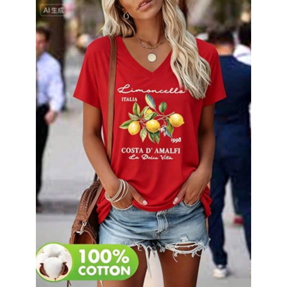 Red Womens Casual V-Neck Short-Sleeve T-Shirt With Limoncello Italia Lemon Branch Graphic Print