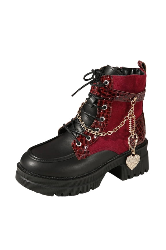 Red Womens Chain Detail Motorcycle Boots Round Toe Platform Chunky Heel Casual Street