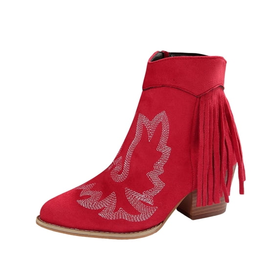 Red Womens Chunky Heel Boots With Side Zipper And Round Toe For Winter Casual And Fashionable Look