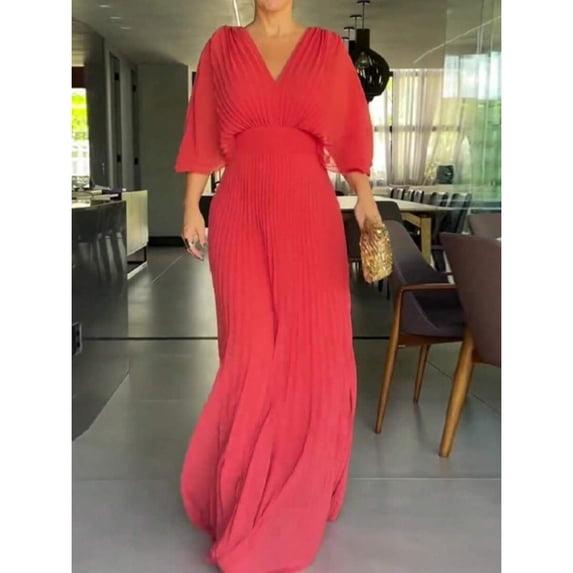 Red Womens Elegant Pleated V-Neck Batwing Sleeve High-Waist Maxi Dress
