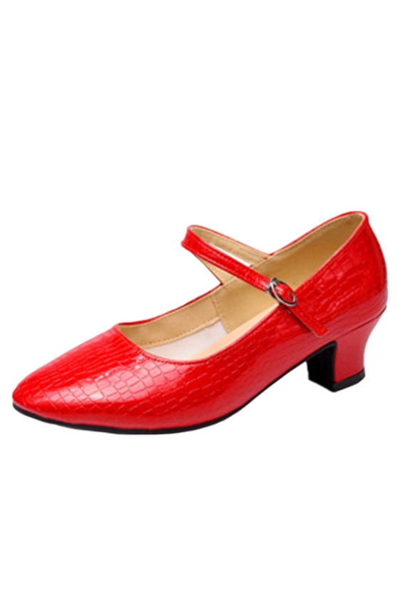 Red Womens Embossed Patent Ballroom Dance Shoes Adult Latin Practice Mid Heel Comfort Dance Sneakers