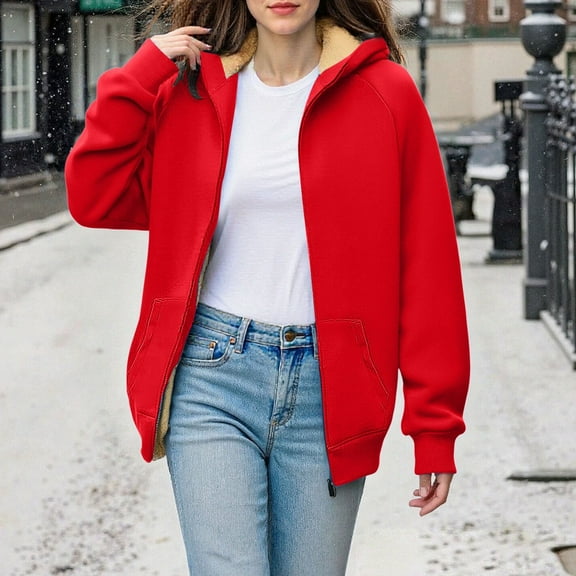 Red Womens Fall Tops Ladies' Fashionable Casual Shoulder To Pocket Long Sleeved Hooded Fleece Composite Jacket Sweatshirt Sweaters for Women