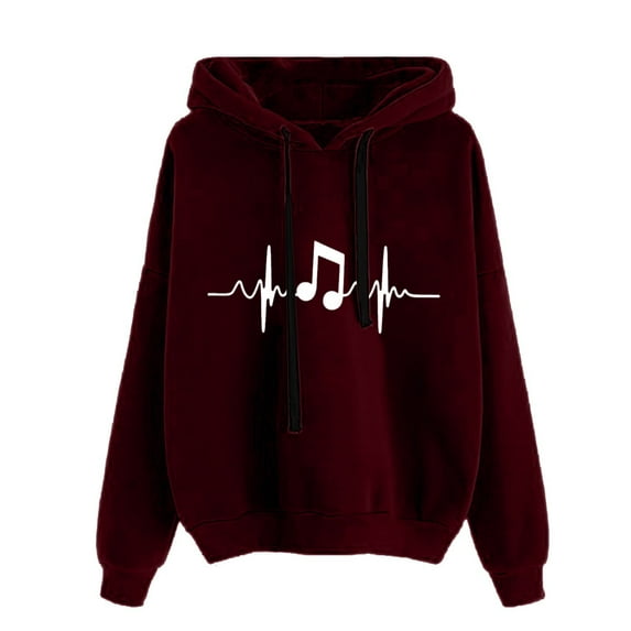 Red Womens Fall Tops Ladies Round Neck Long Sleeve Musical Note Print Solid Color Hooded Sweatshirt Fashion Loose Top Sweaters for Women