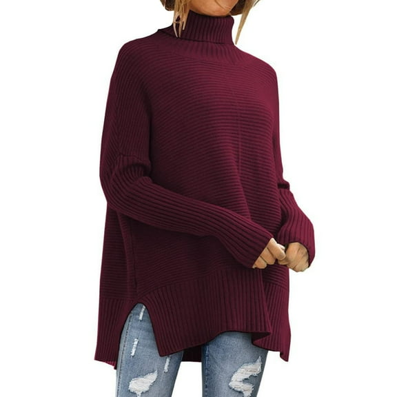 Red Womens Fall Tops Women's Solid Color Turtleneck Long Sleeved Knitted Comfortable Pullover Sweaters for Women