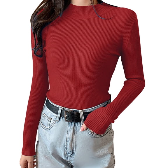 Red Womens Fall Tops Women's Spring and Autumn Leisure Slim Fit Loose Knitted Stripe Solid Long Sleeve Round Neck Half High Collar Pullover Thin Sweaters for Women