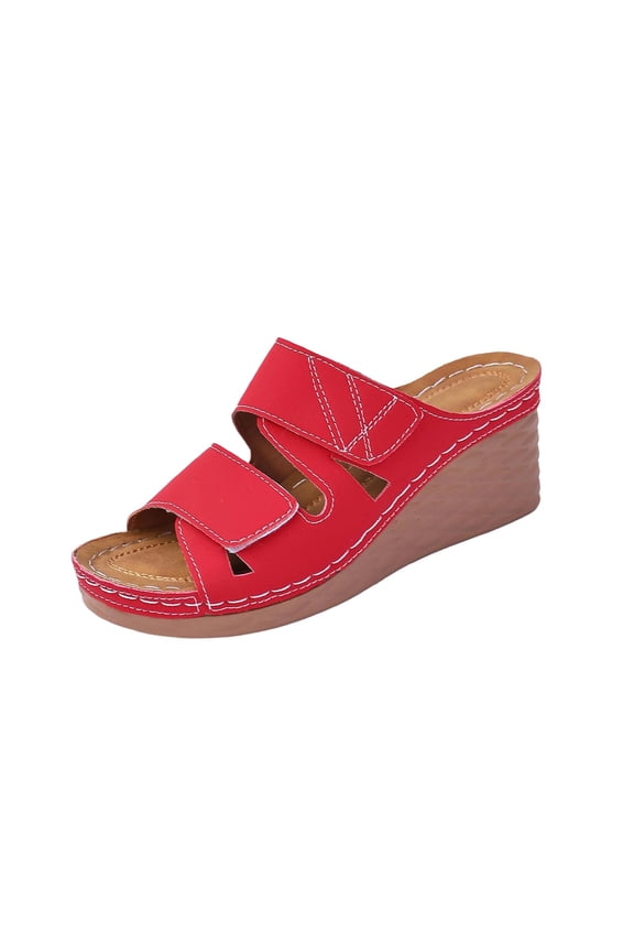 Red Womens Fashion Casual Summer Style Solid Color Fish Mouth Thick Bottom Wedge Slippers Comfortable Open Toe Platform Slide Sandals