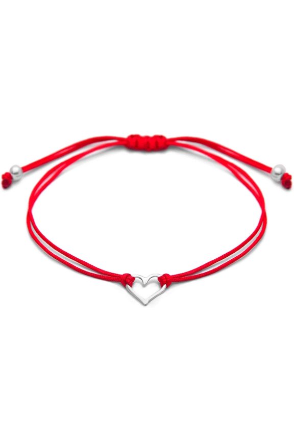 Red Womens Friendship Bracelet, Small Sterling 925 Open Heart Shaped Charm, Pull Adjustable Kindred Cord Thread. Heart Set