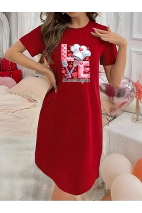 Red Womens Graphic Sleep Dress With Chef Love Print