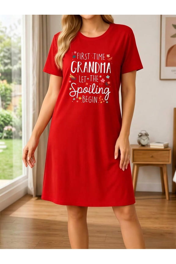 Red Womens Loose Fit Sleep Dress With First Time Grandma Floral Print