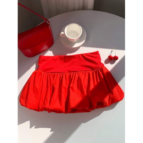 Red Womens Mini Pleated Skirt With Elastic Waist And Bubble Hem