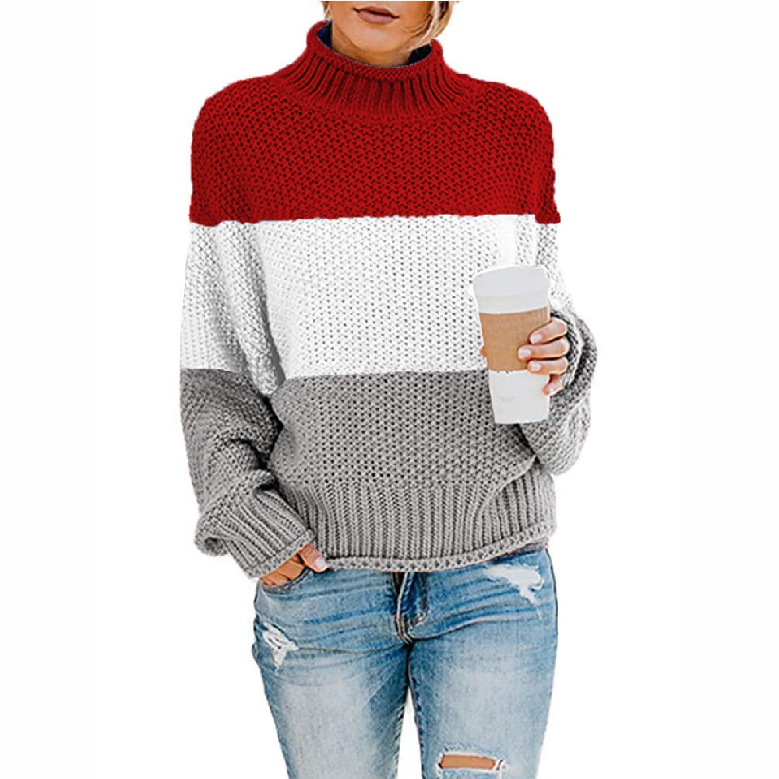 Long Sleeved Loose Striped Turtleneck Off-The-Shoulder Sweater Long Sleeved Loose Striped Turtleneck Off-The-Shoulder Sweater