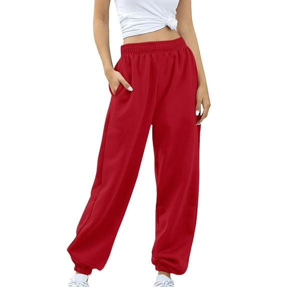 Red Womens Pants Bottom Sweatpants No Drawstring Joggers Pants Workout High Waisted Yoga Pants With Pockets Womens Work Trousers Size S