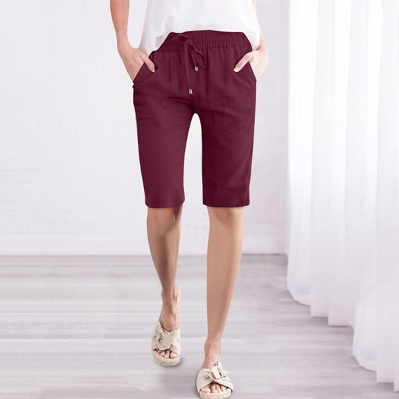 Red Womens Pants Linen Pants for Women 2025 Cotton Casual Summer High Waist Lightweight Wide Leg Cropped Trousers Sweatpants Womens Fashion