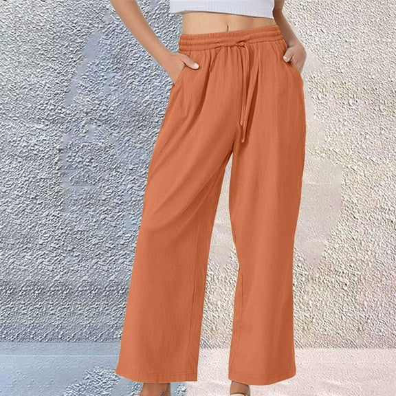Red Womens Pants Women's Pure Cotton and Linen Wide Leg Pants Casual Baggy Elastic Waistband with Pockets Fashionable Pants Casual Pants Women