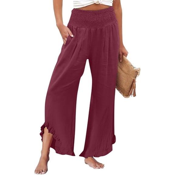 Red Womens Pants Women's Solid Color Fashionable Casual High Waisted Pleated Irregular Cotton Linen Loose Pants Casual Pants Women