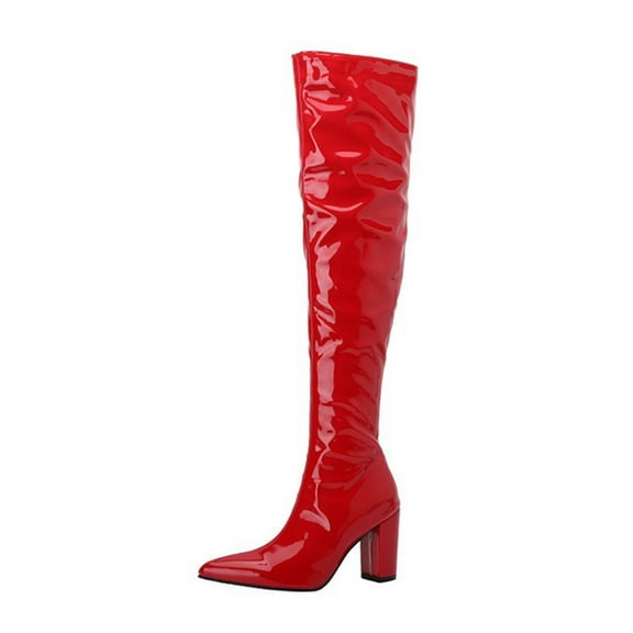 Red Womens Patent Leather Boots With Pointed Toe And Side Zipper For Winter Casual Wear
