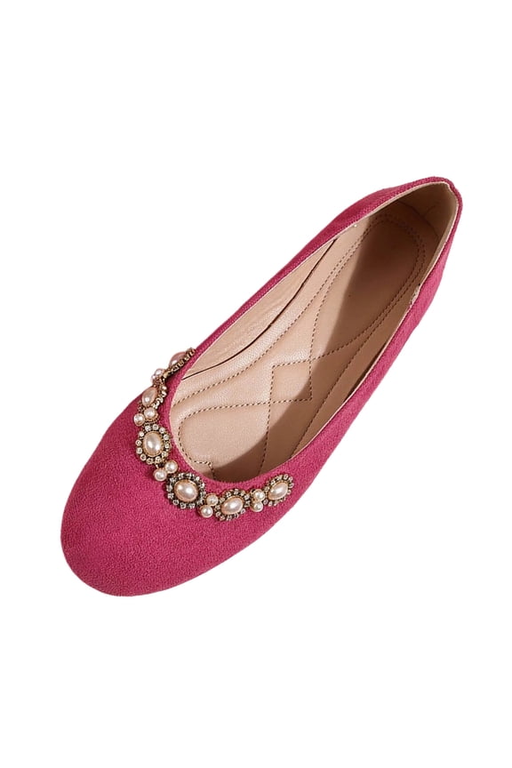 Red Womens Pearl Rhinestone Flats Shallow Toe Closed Heel Slip On Comfort 2026 Chic Footwear