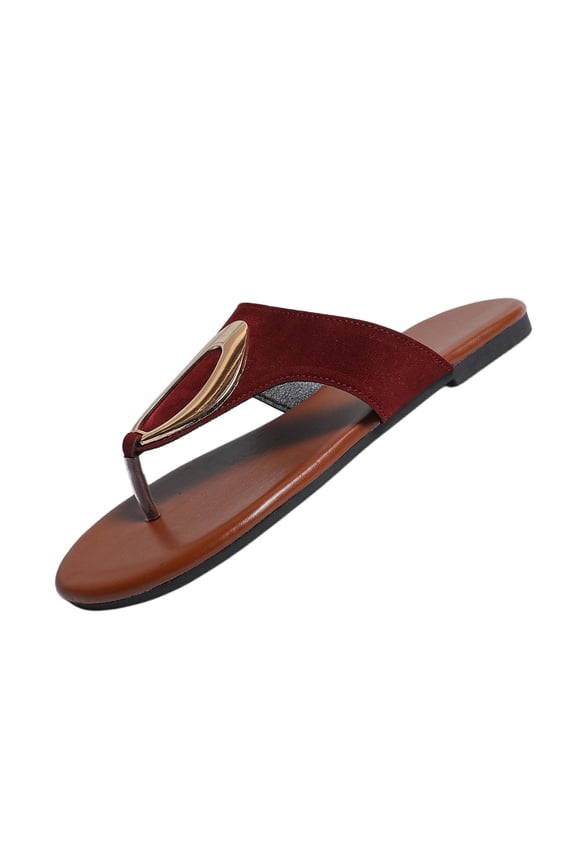 Red Womens Round Open Toe Thong Flat Sandals Metallic Buckle Detail Non Slip Sole Cushioned Footbed Breathable Casual Indoor Outdoor Slippers Size 39