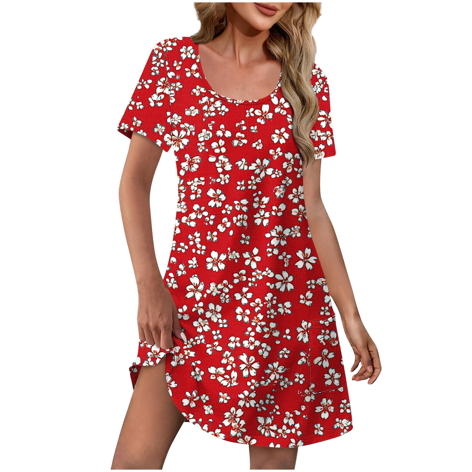 Red Womens Short Sleeve Dresses Sun Dresses for Women Crewneck V Neck ...