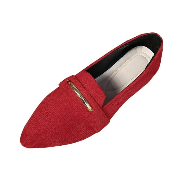 Red Womens Slip On Loafers Flat Shoes Pointed Toe Casual Wear Versatile Flock Upper Burgundy Tone Size 7