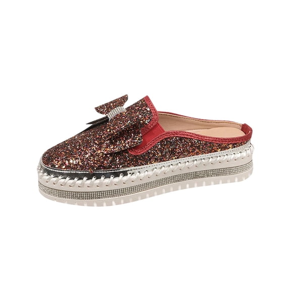 Red Womens Slip On Mules Round Toe Rhinestone Bow Thick Sole Casual Spring Summer Half Shoes Indoor Outdoor For Casual Daily Occasions Size 41