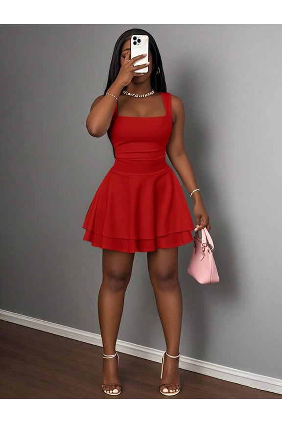 Red Womens Square Neck Ruched Double Layer A-Line Mini Dress Casual Sweet Style